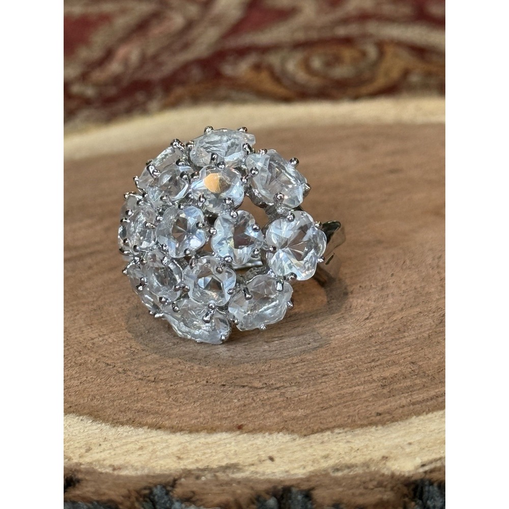 Clear Crystal Flower Cluster‎ Cocktail Ring Size 8 Silver Tone